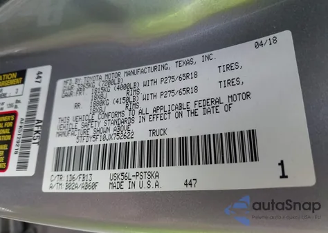 2018 Toyota Tundra Sr5 5.7L V8 из США, поврежденный, VIN 5TFDY5F10JX752622